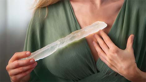 Woman cleansing with a selenite wand