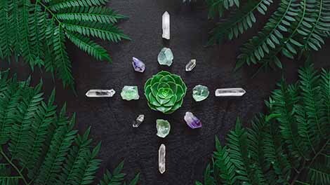 Quartz Amethyst Crystal Grid on dark table