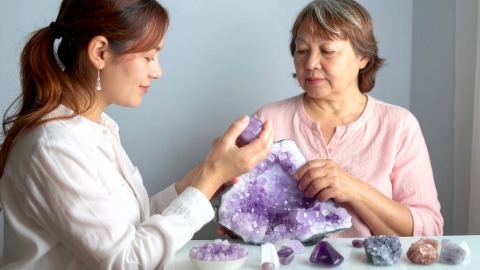 Women discussing crystals Women discussing crystals