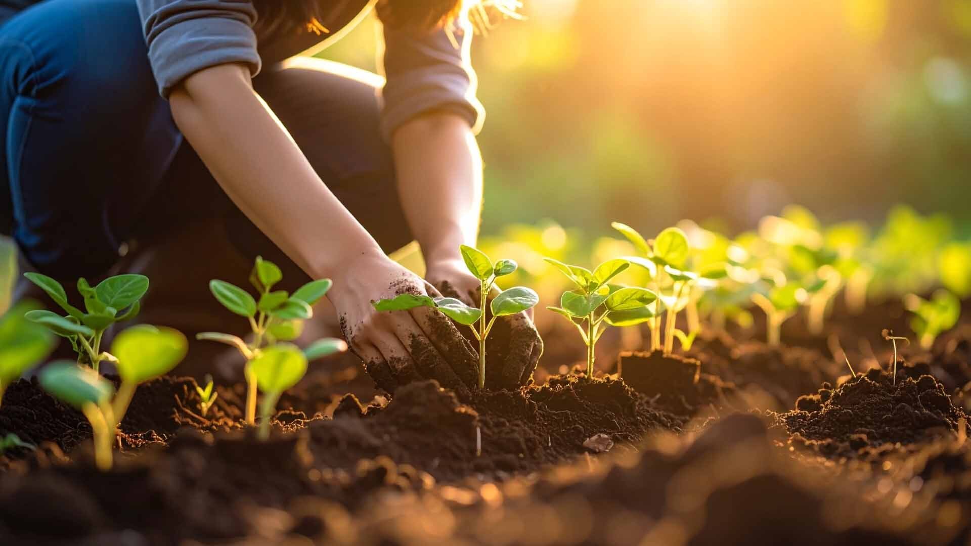 Kneeling and planting a garden