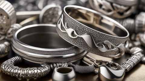 Metal jewellery designs on black background