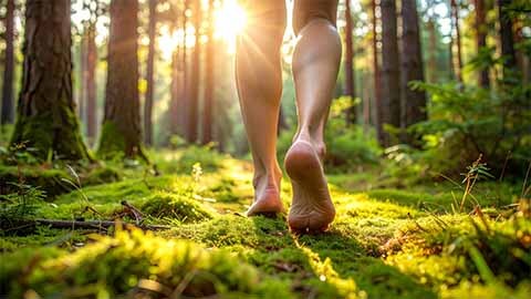 Walking barefoot across forest floor