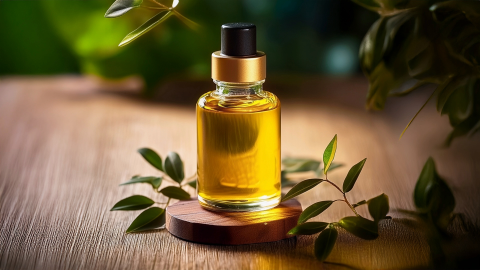 Carrier Oil Bottle on bench with leaves