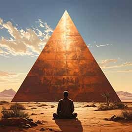Meditating in front of a golden pyramid
