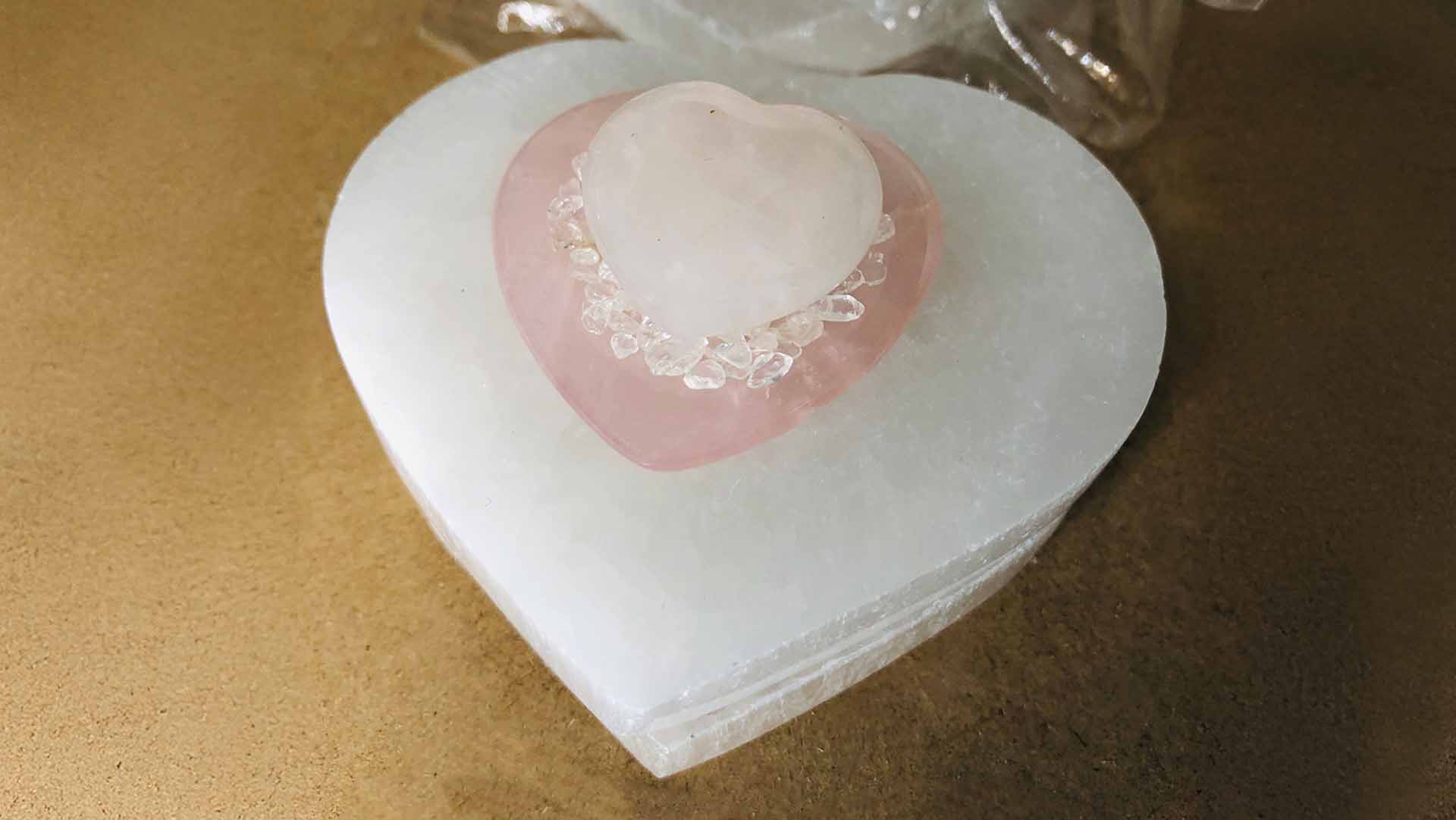 Rose Quartz Heart and Selenite Heart Rose Quartz Heart and Selenite Heart