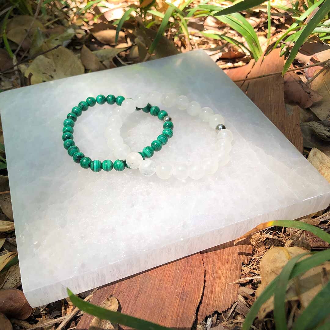 Selenite plate with malachite and quartz bracelets
