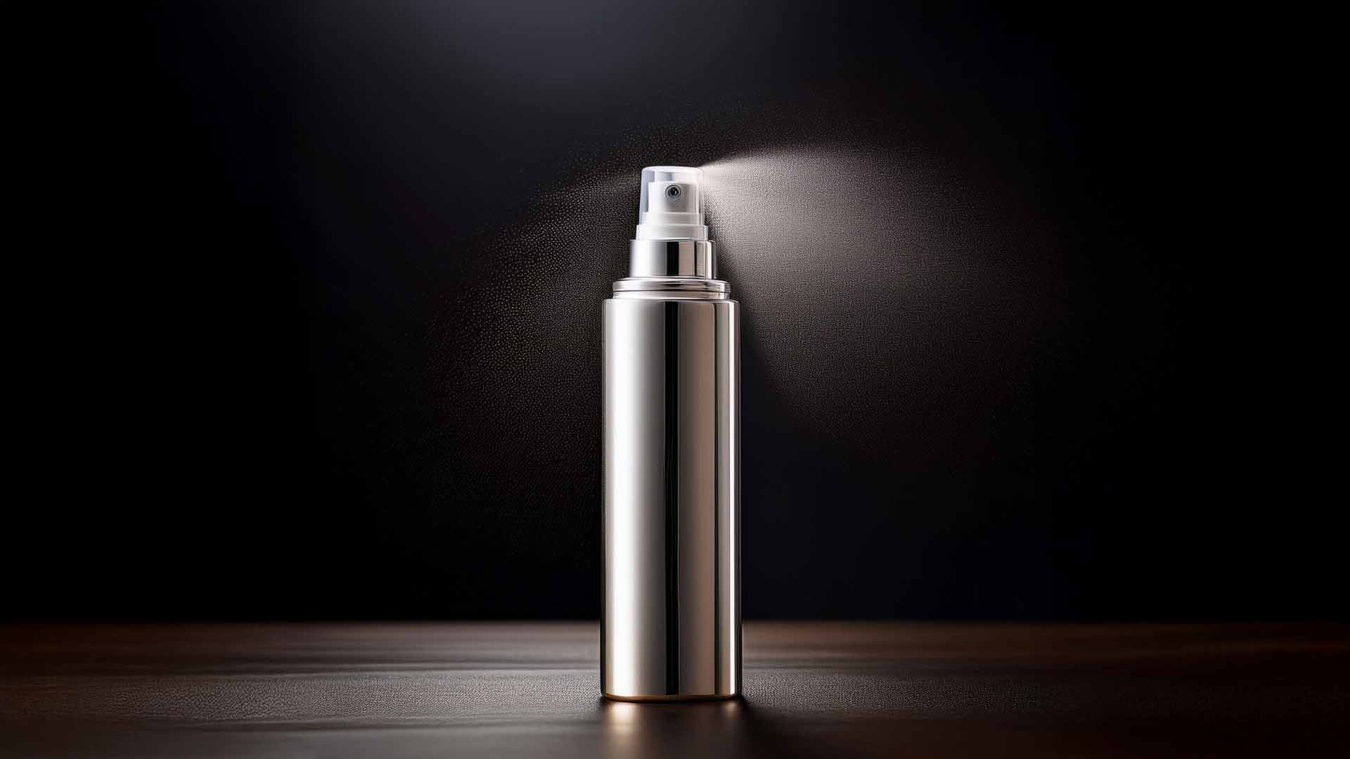 Spray bottle with spray droplets on black background