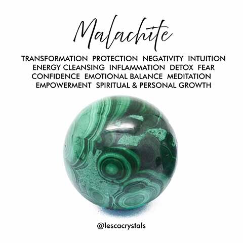 Malachite sphere with text meaning on white background