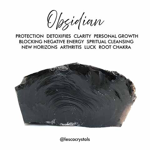 Obsidian specimen with text meaning on white background