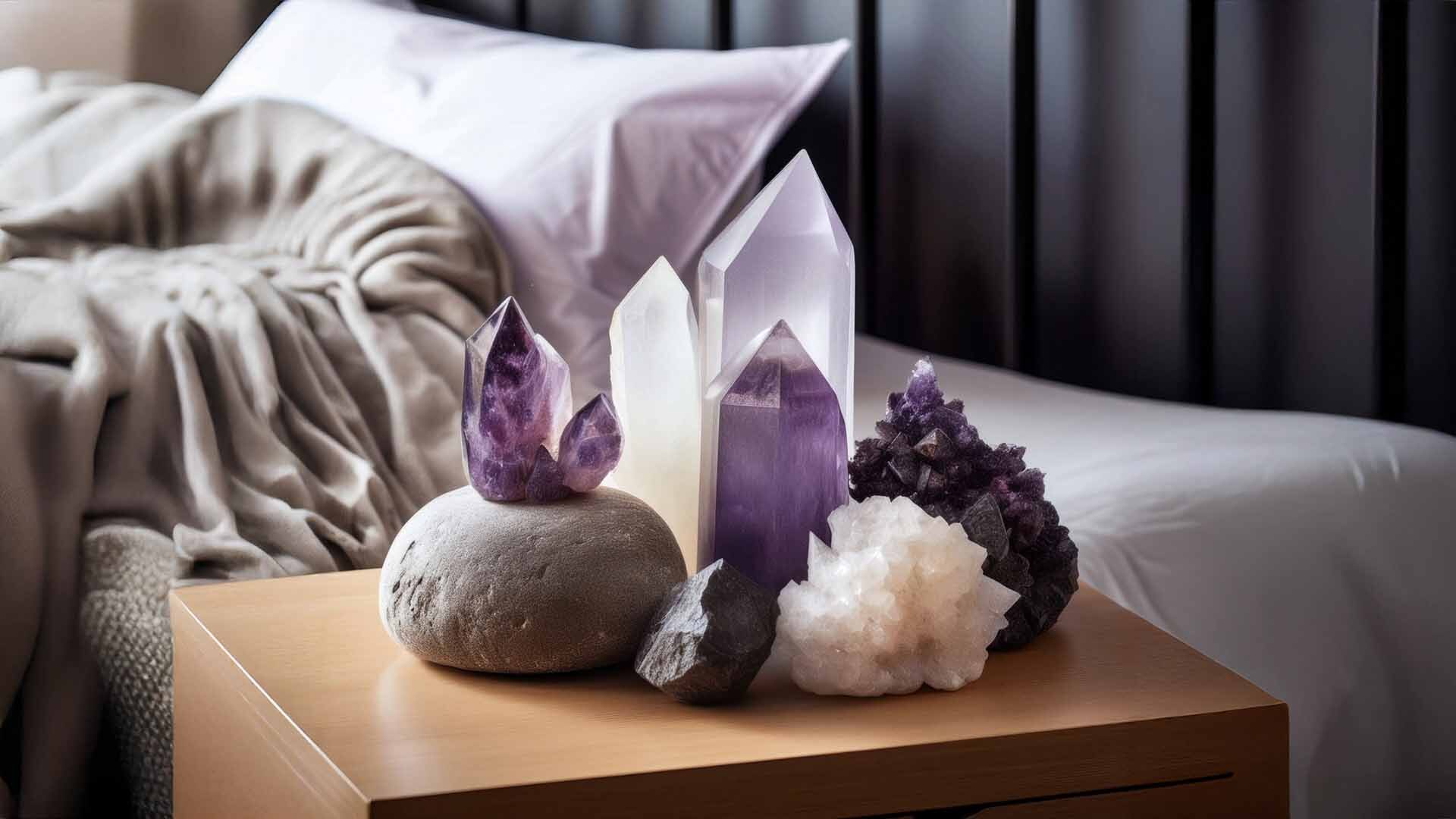 Hematite Amethyst Selenite on bedside table with begd behind