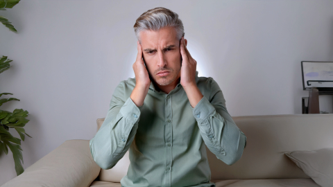 Man with hands on ears man with hands on ears sitting on couch