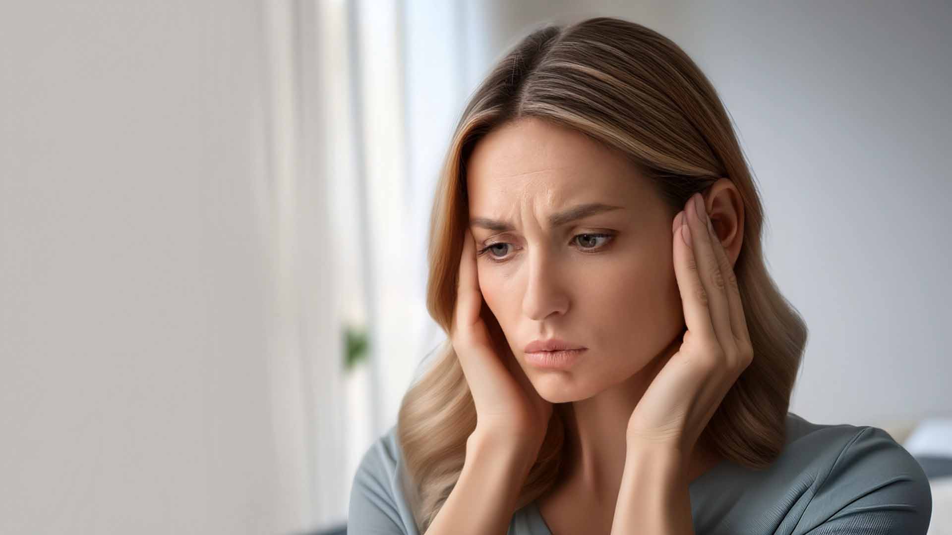 Female with hands over ears and suffering